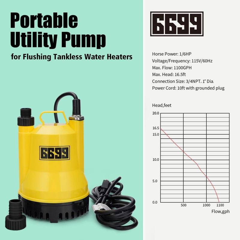 Tankless Water Heater Descaling Flush Kit Includes Submersible Utility Pump
