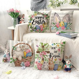 4TH Emotion Gray Easter Pillow Covers 20x20 Set of 4, He is Risen Bunny Floral Eggs Farmhouse Decorations Spring Holiday Decor Throw Cushion Case for Home Couch TH211-20