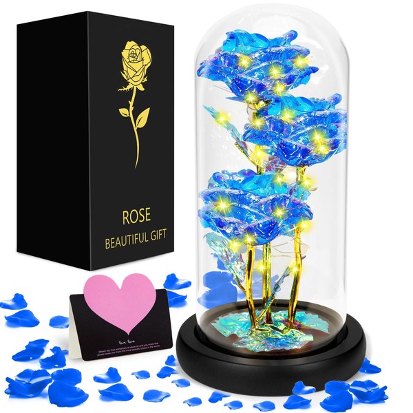 GUHAOOL Eternal Rose, Beauty and the Beast Eternal Rose, Rose Gift Kit, Glass Dome, Wooden Base, LED Eternal Rose Gifts for Mum, Women, Christmas, Wedding, Anniversary, Mother's Day