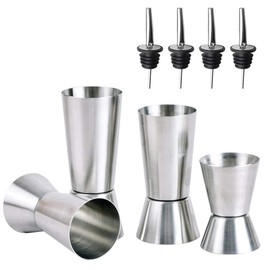 Jicyor 4 Stück 3cl/4cl/5cl/6cl Messbecher Cocktail, Messbecher Edelstahl,Doppelmass Jigger Messbecher mit 4 Flaschenausgießer,Doppelmaß für Bar Party Wein und Drink Shaker