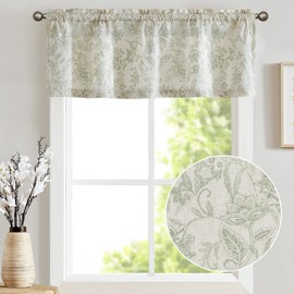 TOPICK Floral Kitchen Curtains Blackout Curtains Valance Botanic Patterns 16 Inch Linen Cafe Curtains Farmhouse Overlay Kitchen Valance for Small Window Rod Pocket 1 Panel Green on Beige