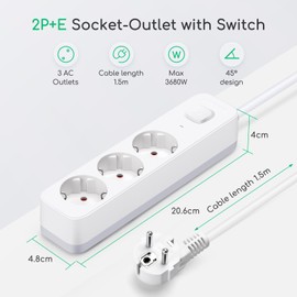 Aigostar 3-Way Power Strip with Switch, Multiple Socket with Child Lock, Distribution Socket with 1.5 m Cable