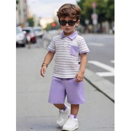 Lianpyxa Toddler Kid Boy Clothes Textured Striped Polo Collar Top Summer Shorts 2PC Summer Outfit Set(4-5T)