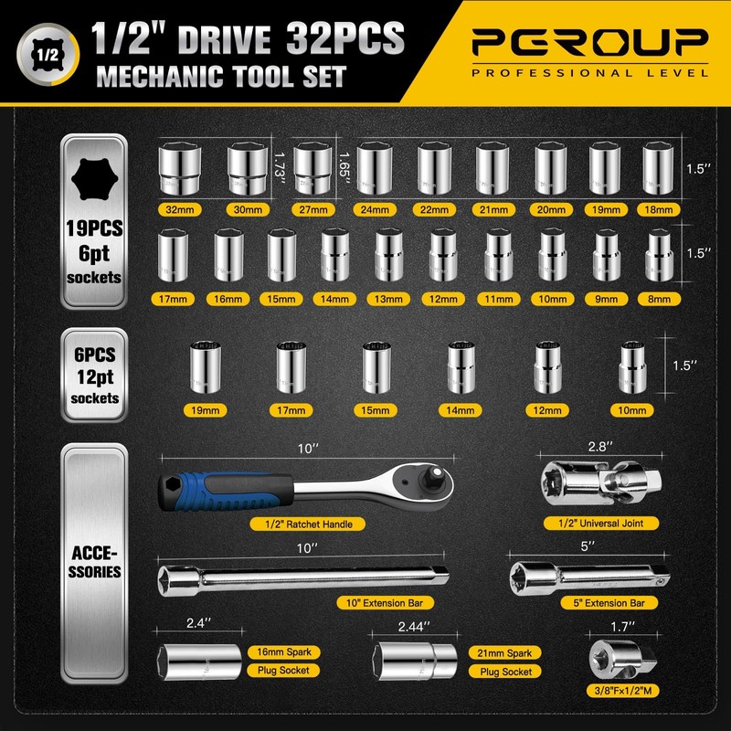 pgroup 1/2 inch Drive 8mm-32mm Metric socket set, 32-piece Mechanic