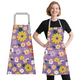 Foatcox Cooking Apron, Kitchen Aprons for Women, Waterproof, Adjustable, Floral Pattern Cooking Aprons with Pockets, Kitchen Aprons for Baking, Gardening, Housework, BBQ, 1 Piece (Purple)