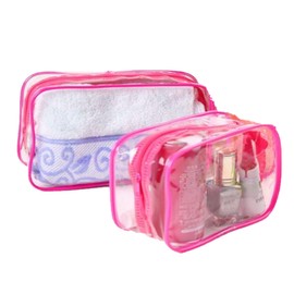 2 Piece Waterproof Travel Bag Set Transparent Makeup Toiletry Clear Wash Pouch (Pink)