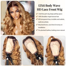 Benafee 13x6 HD Lace Front Wig Human Hair, 24 Inch Ombre Body Wave, Chocolate Brown to Honey Blonde, Curly, Glueless, Tangle Free