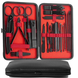 Auralux Set de Manicura y Pedicura 24 en 1, Kit de Uñas con Cortauñas Profesionales, Herramientas de Acero Inoxidable, Estuche Portátil para Viaje, Uso Diario y Regalo. (Negro y Rojo)