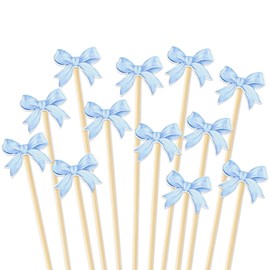 JarThenaAMCS 100 Pcs Blue Bow Cocktail Picks Cute Bowknot Toothpick Long Cocktail Appetizer Skewer for Fruit Drink Dessert Bachelorette Party Supplies