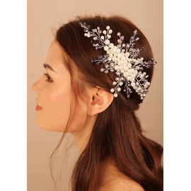 Deniferymakeup Wedding Bridal Pearl Hair Comb Vintage Something Blue Hair Accessory Updo Hair Jewelry for Women and Girls (Purple)