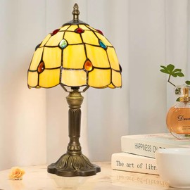 Ppbmocw Yellow Stained Glass Lamp,8X14 inches Small Tiffany Lamp,Pteris Style Art Deco Lamp for Bedside,Antique Office,Living Room