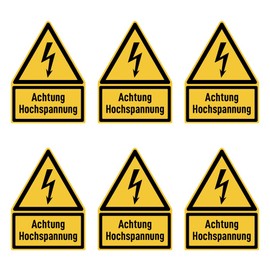 Sticker 75 x 50 mm, Pack of 6 – Warning High Voltage – Warning Sign with Text (German) (Yellow/Black) – Dreick – W012 – DIN EN ISO 7010 / ASR A1.3