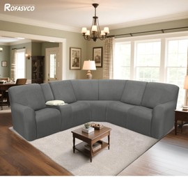 ROFASVCO Reclining Sectional Couch Covers L Shape Waterproof Washable Recliner Sofa Cover for L Shaped Sectional Super Stretch Soft Corner Recliner Slipcovers (5 Seater 1 Console Cover, Dark Gray)