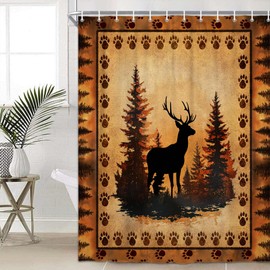 Rustic Shower Curtain, Farmhouse Hunting Theme Cabin Country Bear Paw Deer Bathroom Decor, Retro Wild Animal Hunting Camping Camping Waterproof Fabric Bathroom Accessories Set with Hooks, 70X70IN