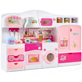 Kids Play Kitchen Toys Set - Pink Mini Doll House Kitchen Furniture Sets with Lights Sounds - Toddlers Pretend Kitchen Play - Birthday Gifts for 3 4 5 6 7 8 Old Girls