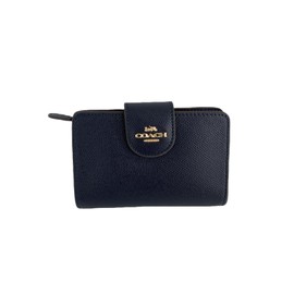 Leather Bifold Wallet Coach Medium Corner Zip Wallet Navy Blue with Gold Hardware, Black