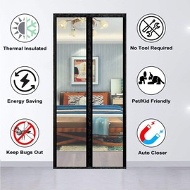 Transparent Insulated Door Curtain-Magnetic Thermal Door Cover, Screen Door Self-Closing Magnetic Screen Door Hands Free for Patio, Kitchen, Bedroom, Air Conditioner Room, Fits Doors up to 38" x 82"
