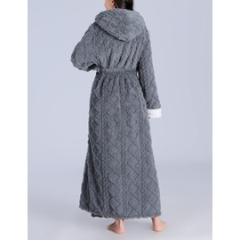 Flygo Plush Fleece Robe for Women Soft Warm Full Length Long Hooded Bathrobe with Hood Luxury Warm Housecoats(Grey-XL)