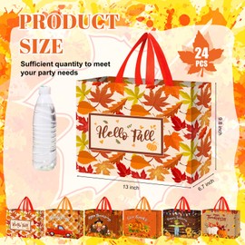 Sweetude 24 Pcs Thanksgiving Gift Bags with Handles 13 Inch Large Non-woven Tote Bags Fall Reusable Maple Scarecrow Pumpkin Party Gift Wrapping for Fall Thanksgiving Autumn Harvest Party Favors