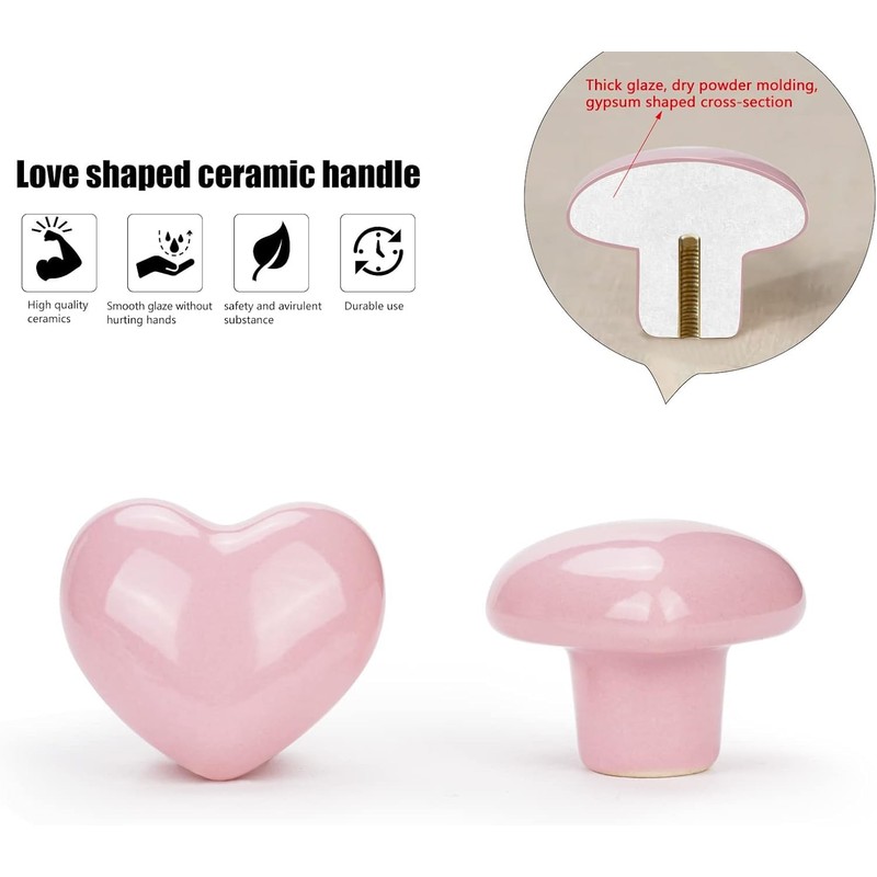 Noosverl 10 x Love Heart Shape Door Pull Knobs Pink