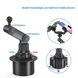 Car Cup Phone Holder 360 Degree Rotation Universal Adjustable Cup Holder Phone Mount with 2 Devices for iOS Phone for Galaxy, Sturdy and Construction, Easy Installation