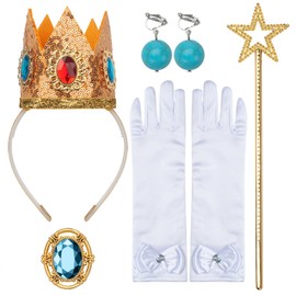 GHGMAO 5pcs Princess Peach Crown Accessories Kit for Girls Include Crown Headband Brooch Earrings Fairy Wand Gloves Women Princess Peach Costume Dress Up Set for Kids (Star Fairy Wand)
