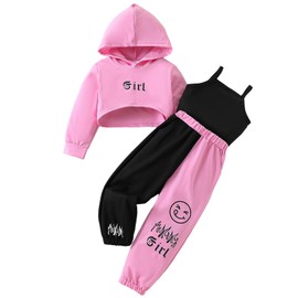 Axumity Kid Toddler Girl Clothes Letter Graphic High Low Hoodie Sweatpants Cami Top 3PC Fall Winter Pants Set(5-6T)