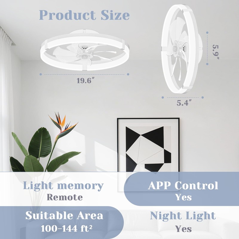 JOFIOS Ceiling Fans with Lights,19.7" Flush Mount Ceiling Fan with