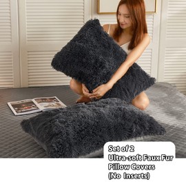LIFEREVO 2 Pack Shaggy Plush Faux Fur Pillow Shams Velvet Reverse,Decorative Throw Pillow Covers,Fluffy Pillowcases with Zipper Closure for Couch,Sofa,Bed,King Size(Dark Gray,20"x36")