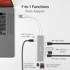 j5create 4K Elite USB-C Multi-Adapter, 4K60 HDMI, 2 x 10Gbps USB-A, 1 x 10Gbps USB-C, PD Pass-Through Charging, SD/Micro SD (JCD390)