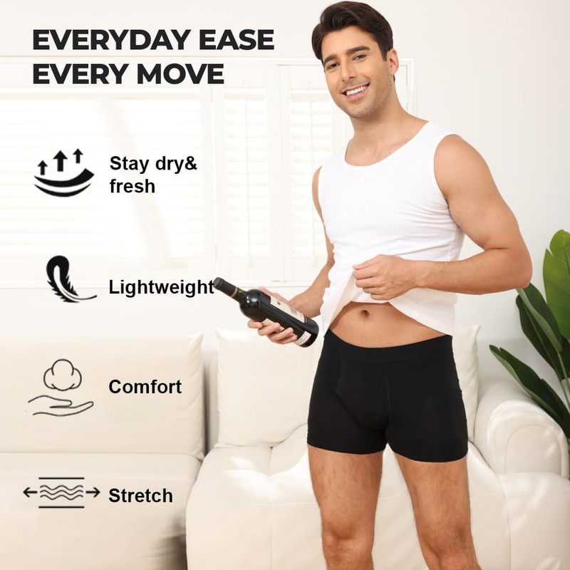 Men's Incontinence Boxer Briefs, Washable Leak Proof Cotton