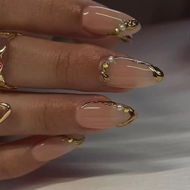 Press on Nails Medium Almond Fake Nails French Tips False Nails with Gold Line Design 24 pcs Stick on Nails for Women
