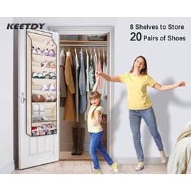 KEETDY Over The Door Shoe Organizer Fit 20 Pairs Sneakers Large Hanging Shoe Organizer for Closet Door Storage Boots, Beige