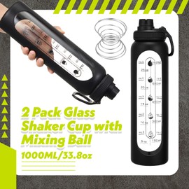 LemonRoad 2 Pcs Protein Shaker Glass Bottle 34oz/1l with 2 Stainless Steel Ball, Shaker Cups Set for Protein Mixes Portable Powder Mixer Blender Water Bottle for Gym Workout Sports