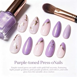 Uñas postizas medianas almendradas, color nude púrpura con acabado cromado holográfico y lámina dorada, elegantes y reutilizables, sin pegamento, 24 u