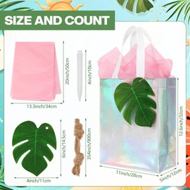 Locmeo 24 Pcs Hawaiian Luau Iridescent Gift Bags 11 x 5 x 12.6 Inch Holographic Bags with Monstera Leaves Tags for Bachelorette Wedding Birthday Bridesmaid Tropical Beach Party Favors Supplies