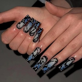 MERVF Long Square Press on Nails Blue OmbreFrench Tip Fake Nails Cat Eye Design Glue ons Squoval Goth Acrylic Nail Glitter Manicure Supplies Art DIY Glossy 24pcs