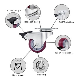 2" Caster Wheels Set of 4 Heavy Duty Casters with Dual Brake, No Noise Polyurethane (PU) Wheels 4-Pack Swivel Plate Castors for Furniture and Workbench