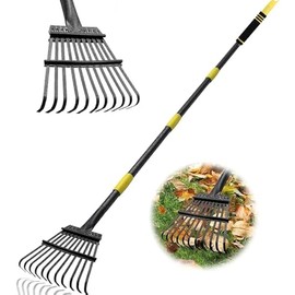 Garden Leaf Rakes, 6FT Rakes for Lawns Heavy Duty 11 Metal Tines 9 inch Wide, Adjustable Long Steel Handle, Small Shrub Rake, Gathering Leaves (Black)