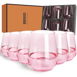 GLAZVIA Pink Stemless Wine Glasses Set of 6-15oz Pink Wine Glass Cups, Pink Crystal Drinking Glassware, Unique Hand Blown Drinkware Holiday Gift Set