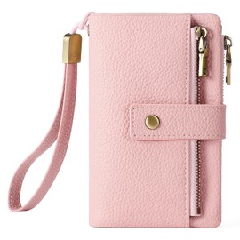 SENDEFN Purses for Women, Medium Size, Triple Foldable Leather Purse, RFID Blocking Wallet with Card Slots, Coin Compartment and Removable Hand Strap, pink, Retro