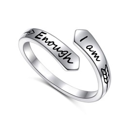 I am Enough Ring Inspirational Rings Adjustable 925 Sterling Silver Spiral Wrap Twist Ring Encouragement Jewelry for Women