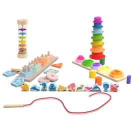 Montessori Toy Set for 18-24 Months, 5-in-1 Wooden Sensory Learning Toys with Shape Sorter, Color Sorting, Lacing Beads, Nesting Cups, and Rain Stick