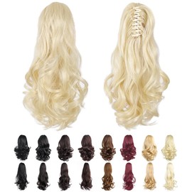 Ponytail Extension Claw Clip in 16" Synthetic Hairpiece for Women Girls Kids Lady Hair Piece Wavy High Pony Tails Synthetic Heat Long Curly Hairpiece for Daily Party use Blonde