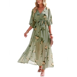 ANRABESS Women’s Summer Loose Boho Flowy Wrap V Neck 3/4 Sleeve Floral Print Slit Beach Wedding Guest Long Maxi Dresses Floral Green Medium