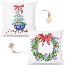 LUKIPOM Chinoiserie Christmas Pillow Covers 18x18 Double-Sided, Coquette Red Bow Christmas Tree Wreath Pillow Covers, Chinoiserie Christmas Decor, Grandmillennial Christmas Decor