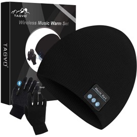 Tagvo Bluetooth V5.0 Beanie with Touchscreen Gloves Set, Winter Warm Knitted Wireless Bluetooth Headset Music Hat for Running, Skiing, Hiking., black