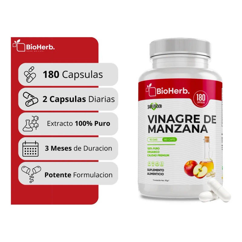 Vinagre De Manzana Madre 100% Puro 180 Cápsulas Bioherb Sabor