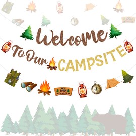 Camping Party Decorations Welcome To Our CAMPSITE Banner, Camper Garland for Lumberjack Birthday Baby Shower Adventure Party Supplies