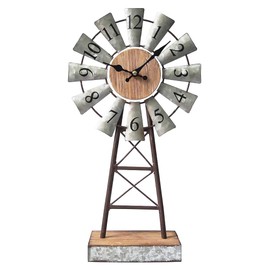 MODE HOME Farmhouse Windmill Desk Clock - 15.75 Inch Galvanized Metal Table Clock with Blades, Small Decorative Office Clock, Battery Operated Rustic Farmhouse Clock for Tabletop & Shelf Decor